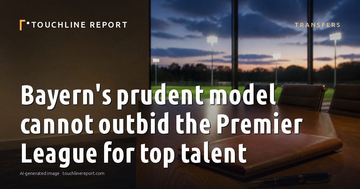 Illustration for the Transfers article “Bayern's prudent model cannot outbid the Premier League for top talent”: an AI-generated editorial illustration showing a scene illustrating the subject of the article, with the headline set over it. Illustrative only, not a photograph of a real event.