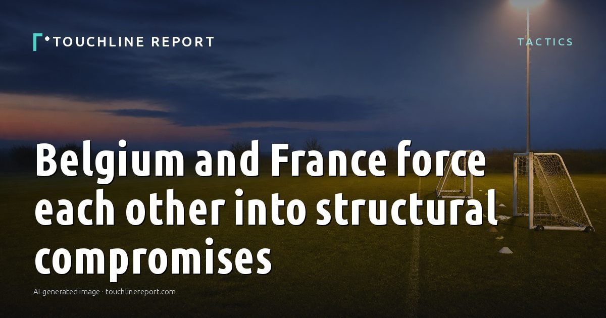 Illustration for the Tactics article “Belgium and France force each other into structural compromises”: an AI-generated editorial illustration showing an empty training ground at dawn with cones and markers laid out, with the headline set over it. Illustrative only, not a photograph of a real event.