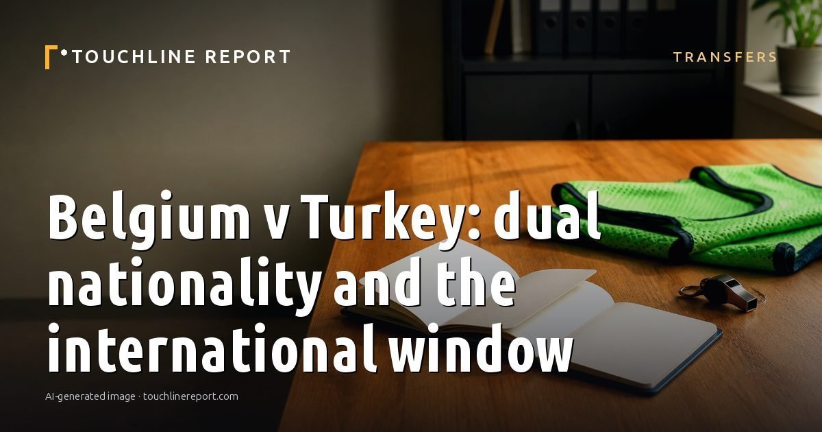 Illustration for the Transfers article “Belgium v Turkey: dual nationality and the international window”: an AI-generated editorial illustration showing a scene illustrating the subject of the article, with the headline set over it. Illustrative only, not a photograph of a real event.