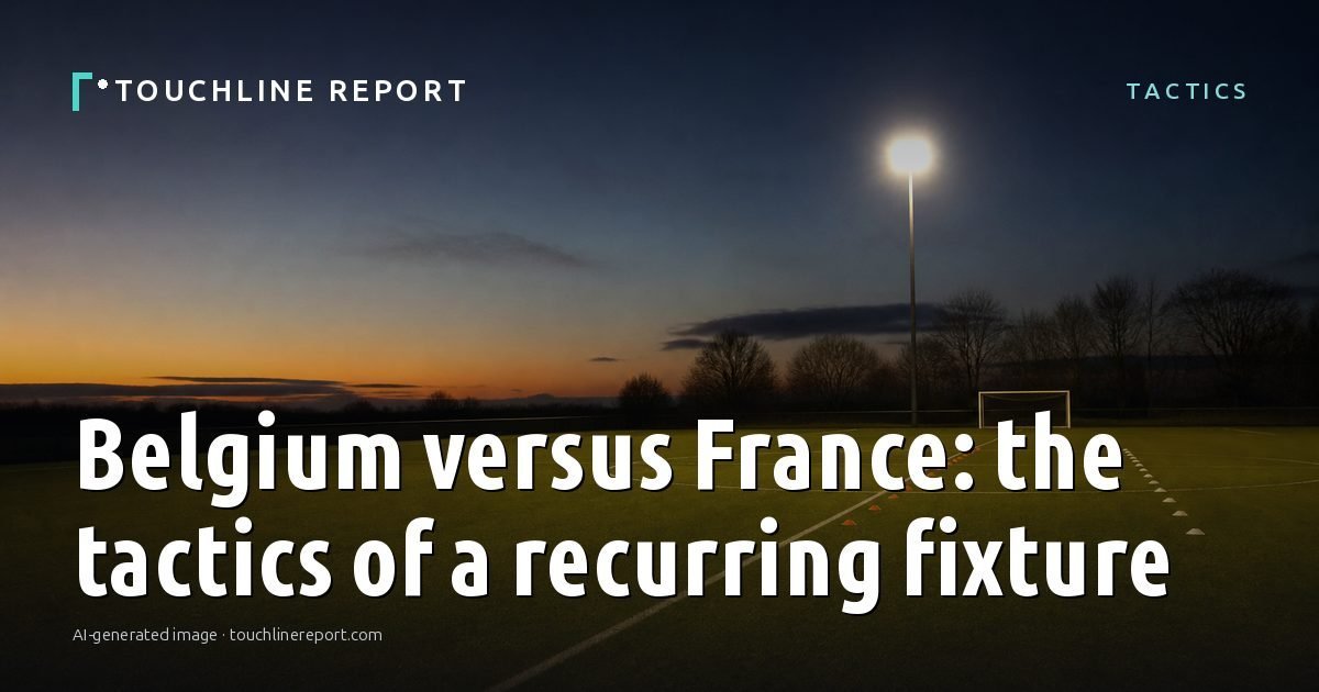 Illustration for the Tactics article “Belgium versus France: the tactics of a recurring fixture”: an AI-generated editorial illustration showing an empty training ground at dawn with cones and markers laid out, with the headline set over it. Illustrative only, not a photograph of a real event.