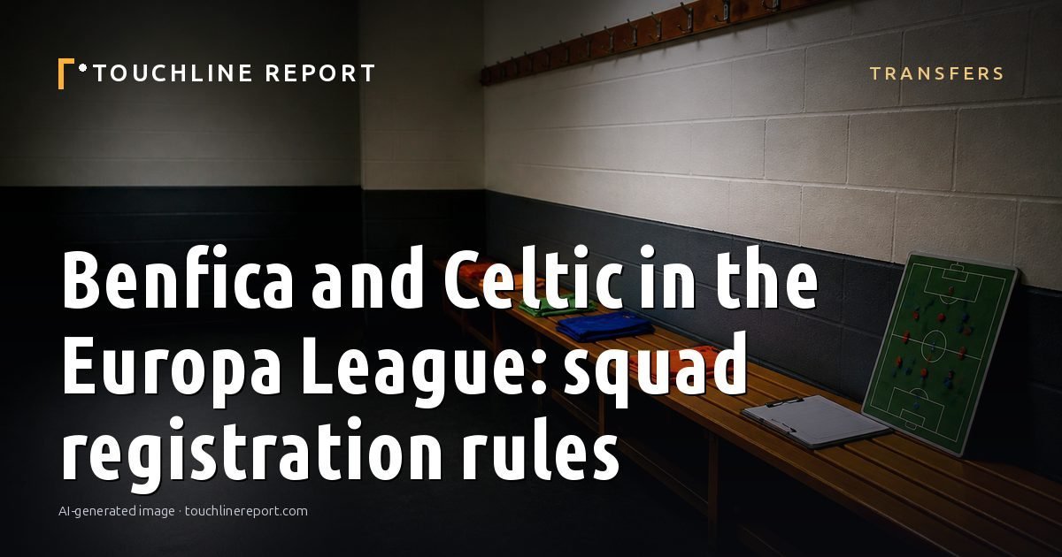 Illustration for the Transfers article “Benfica and Celtic in the Europa League: squad registration rules”: an AI-generated editorial illustration showing a scene illustrating the subject of the article, with the headline set over it. Illustrative only, not a photograph of a real event.
