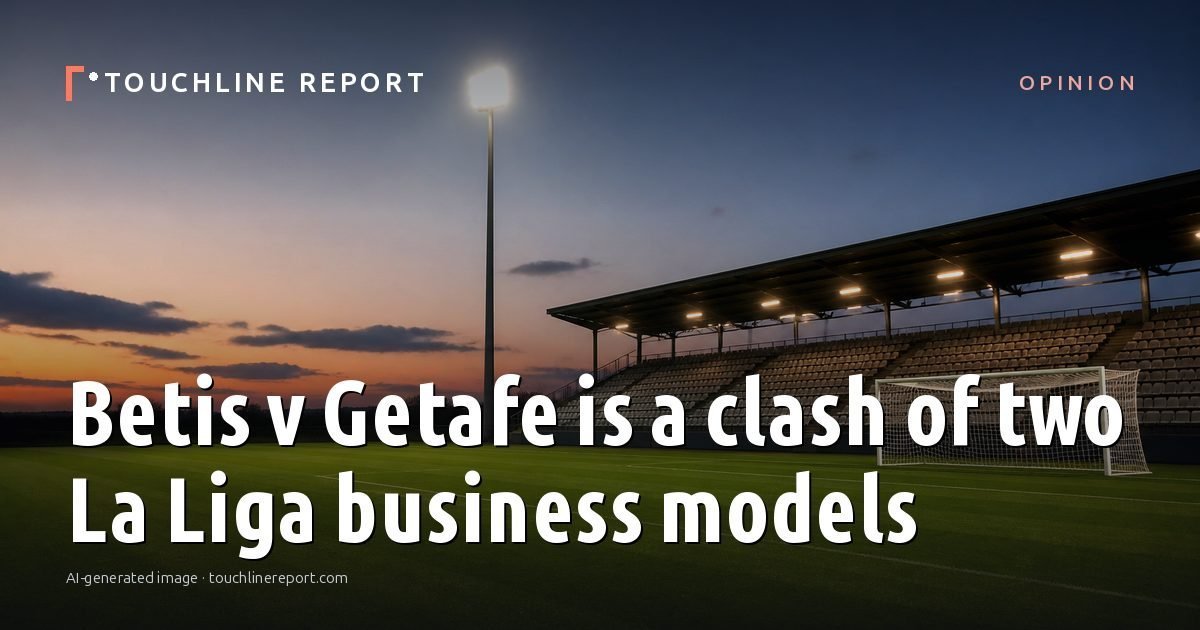 Illustration for the Opinion article “Betis v Getafe is a clash of two La Liga business models”: an AI-generated editorial illustration showing an empty training ground at dawn with cones and markers laid out, with the headline set over it. Illustrative only, not a photograph of a real event.