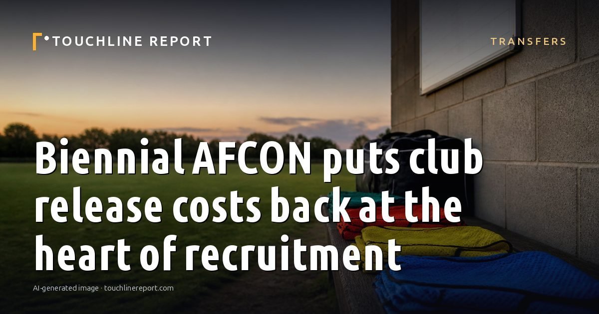 Illustration for the Transfers article “Biennial AFCON puts club release costs back at the heart of recruitment”: an AI-generated editorial illustration showing a scene illustrating the subject of the article, with the headline set over it. Illustrative only, not a photograph of a real event.
