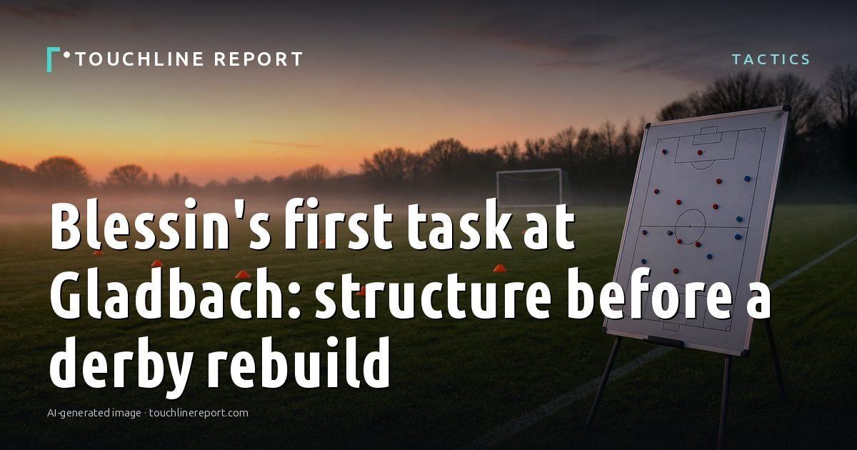 Illustration for the Tactics article “Blessin's first task at Gladbach: structure before a derby rebuild”: an AI-generated editorial illustration showing a scene illustrating the subject of the article, with the headline set over it. Illustrative only, not a photograph of a real event.