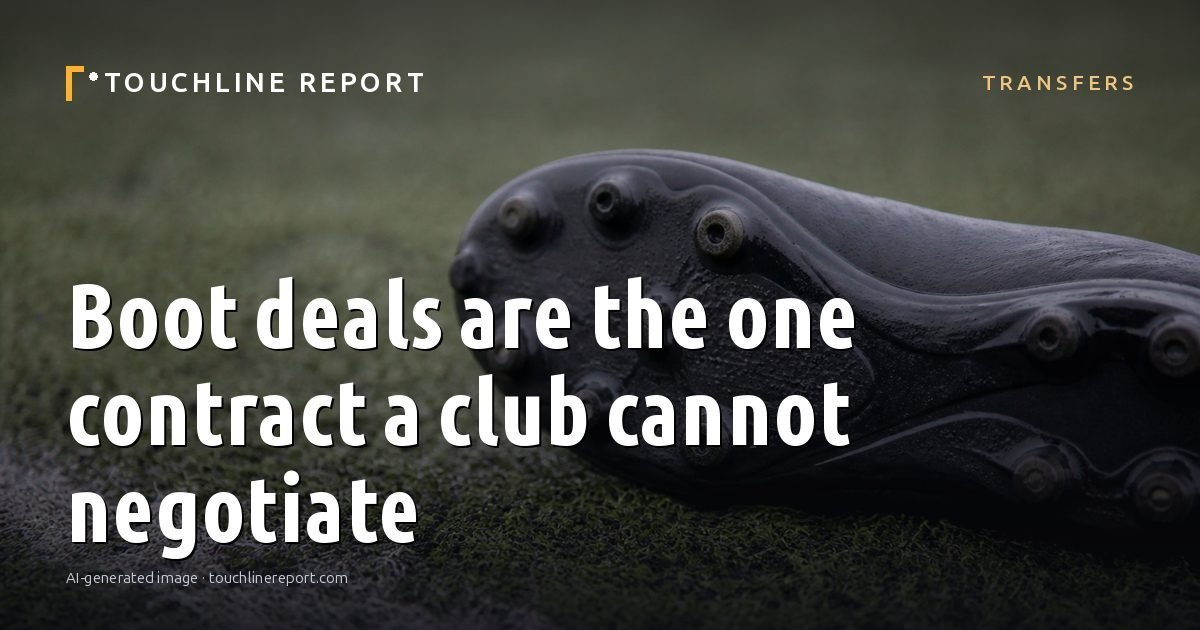 Illustration for the Transfers article “Boot deals are the one contract a club cannot negotiate”: an AI-generated editorial illustration showing a scene illustrating the subject of the article, with the headline set over it. Illustrative only, not a photograph of a real event.