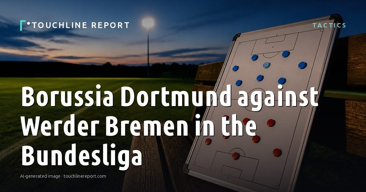 Illustration for the Tactics article “Borussia Dortmund against Werder Bremen in the Bundesliga”: an AI-generated editorial illustration showing an empty training ground at dawn with cones and markers laid out, with the headline set over it. Illustrative only, not a photograph of a real event.