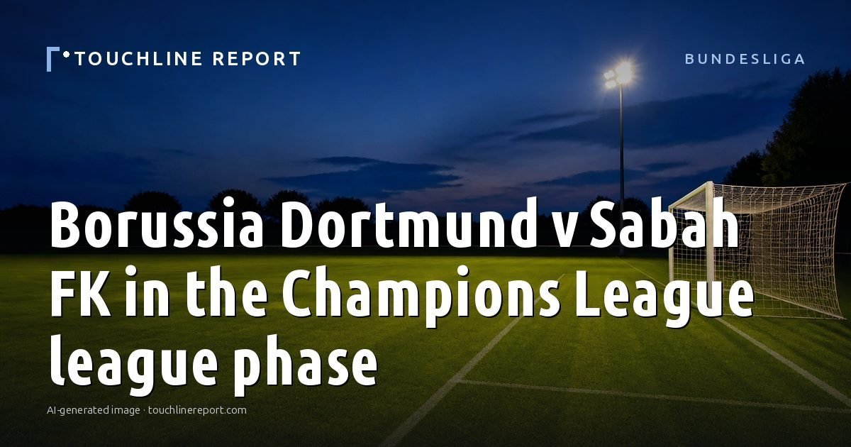 Illustration for the Bundesliga article “Borussia Dortmund v Sabah FK in the Champions League league phase”: an AI-generated editorial illustration showing an empty training ground at dawn with cones and markers laid out, with the headline set over it. Illustrative only, not a photograph of a real event.