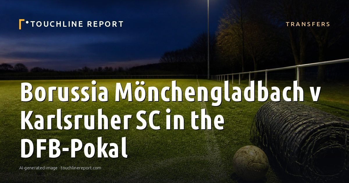 Illustration for the Transfers article “Borussia Mönchengladbach v Karlsruher SC in the DFB-Pokal”: an AI-generated editorial illustration showing an empty training ground at dawn with cones and markers laid out, with the headline set over it. Illustrative only, not a photograph of a real event.