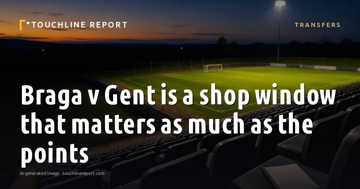 Illustration for the Transfers article “Braga v Gent is a shop window that matters as much as the points”: an AI-generated editorial illustration showing an empty training ground at dawn with cones and markers laid out, with the headline set over it. Illustrative only, not a photograph of a real event.