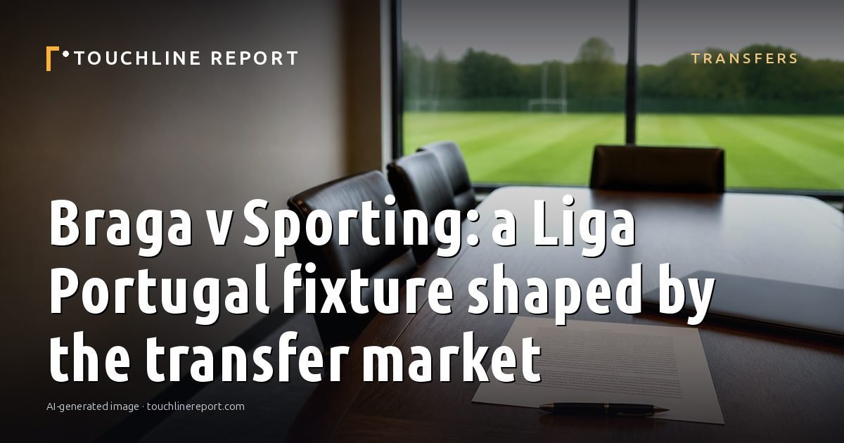 Illustration for the Transfers article “Braga v Sporting: a Liga Portugal fixture shaped by the transfer market”: an AI-generated editorial illustration showing an empty training ground at dawn with cones and markers laid out, with the headline set over it. Illustrative only, not a photograph of a real event.
