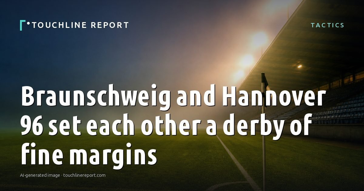 Illustration for the Tactics article “Braunschweig and Hannover 96 set each other a derby of fine margins”: an AI-generated editorial illustration showing an empty training ground at dawn with cones and markers laid out, with the headline set over it. Illustrative only, not a photograph of a real event.