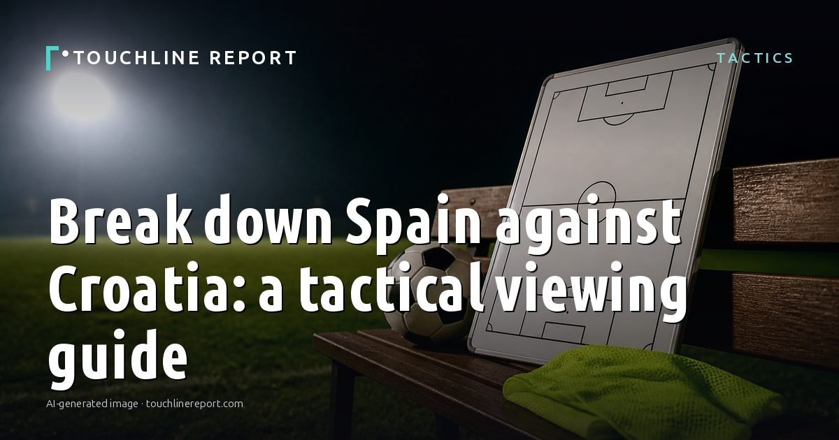 Illustration for the Tactics article “Break down Spain against Croatia: a tactical viewing guide”: an AI-generated editorial illustration showing an empty training ground at dawn with cones and markers laid out, with the headline set over it. Illustrative only, not a photograph of a real event.