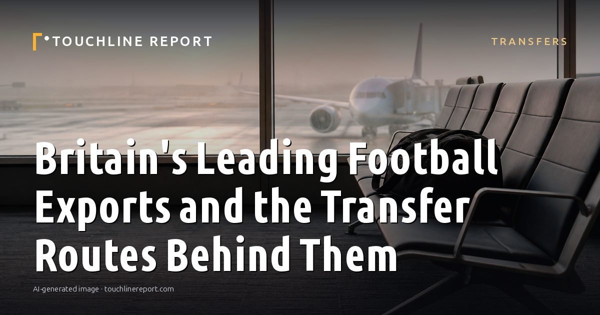 Illustration for the Transfers article “Britain's Leading Football Exports and the Transfer Routes Behind Them”: an AI-generated editorial illustration showing an empty training ground at dawn with cones and markers laid out, with the headline set over it. Illustrative only, not a photograph of a real event.