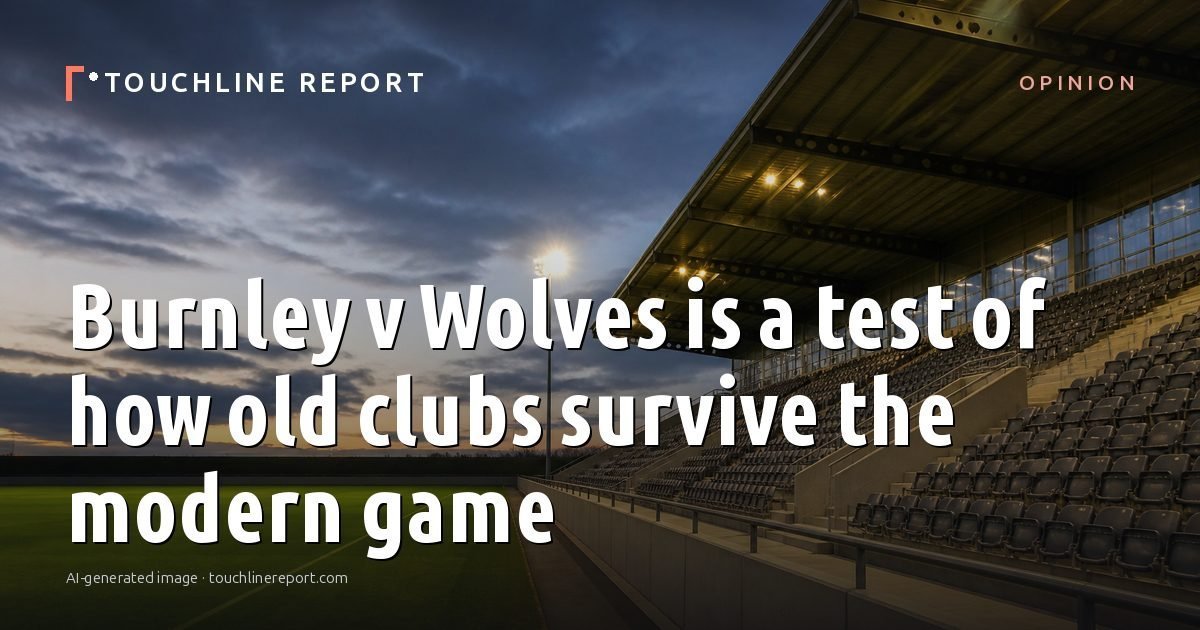 Illustration for the Opinion article “Burnley v Wolves is a test of how old clubs survive the modern game”: an AI-generated editorial illustration showing an empty training ground at dawn with cones and markers laid out, with the headline set over it. Illustrative only, not a photograph of a real event.