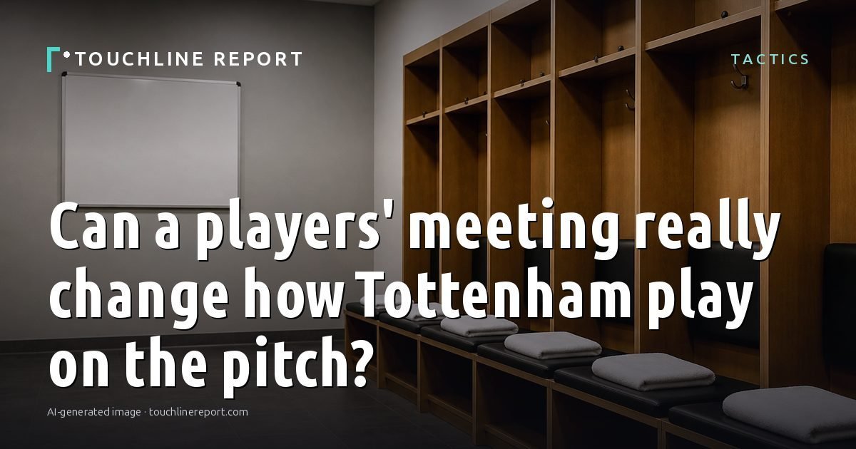 Illustration for the Tactics article “Can a players' meeting really change how Tottenham play on the pitch?”: an AI-generated editorial illustration showing a scene illustrating the subject of the article, with the headline set over it. Illustrative only, not a photograph of a real event.