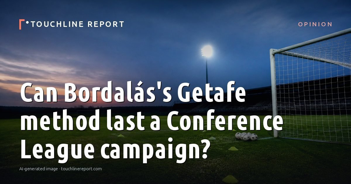 Illustration for the Opinion article “Can Bordalás's Getafe method last a Conference League campaign?”: an AI-generated editorial illustration showing a scene illustrating the subject of the article, with the headline set over it. Illustrative only, not a photograph of a real event.