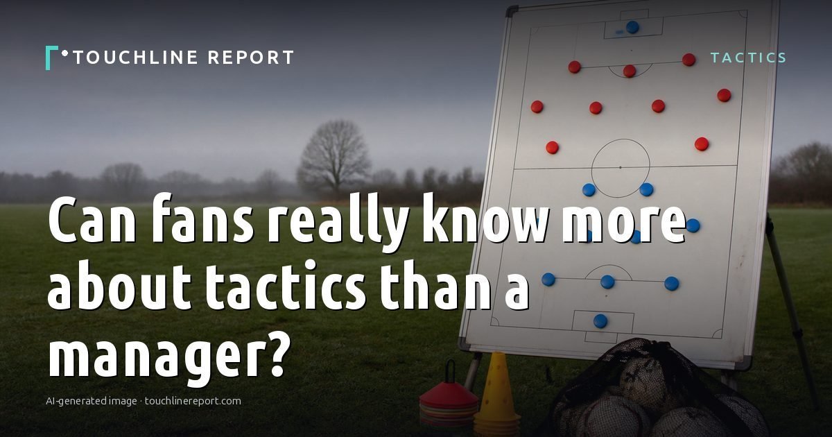 Illustration for the Tactics article “Can fans really know more about tactics than a manager?”: an AI-generated editorial illustration showing a scene illustrating the subject of the article, with the headline set over it. Illustrative only, not a photograph of a real event.