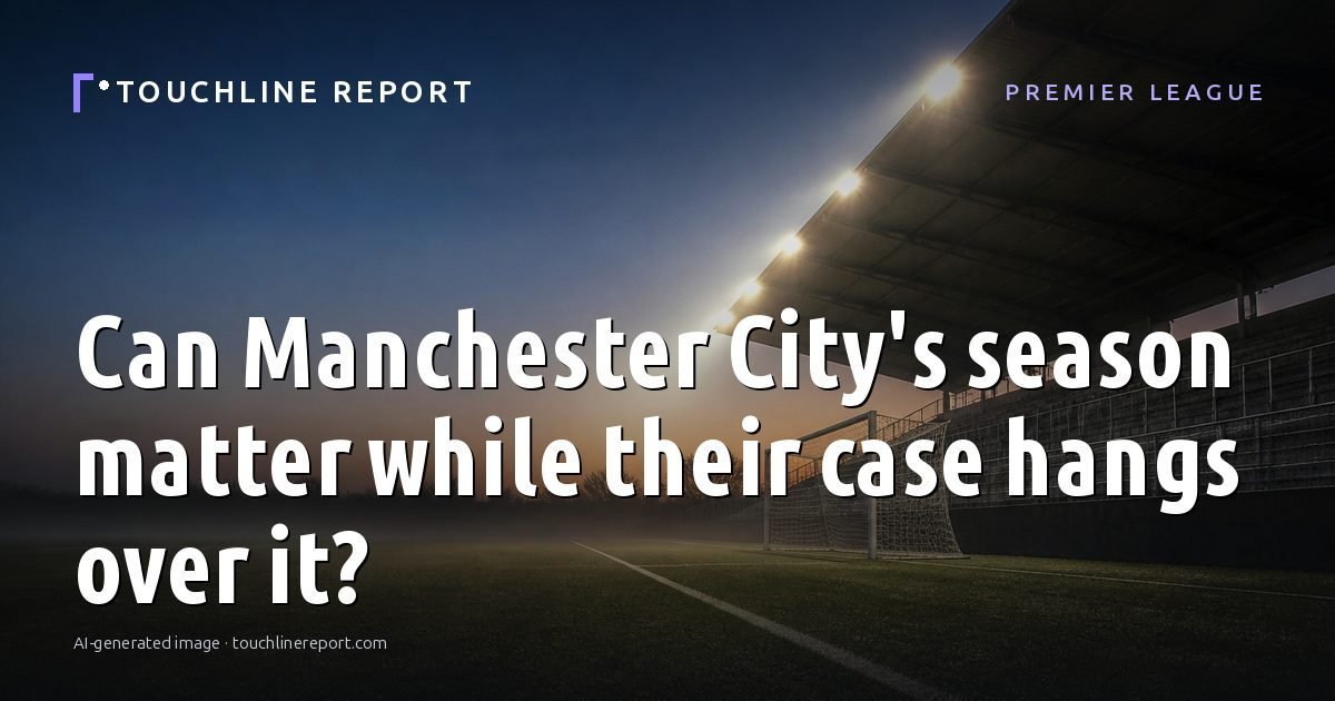 Illustration for the Premier League article “Can Manchester City's season matter while their case hangs over it?”: an AI-generated editorial illustration showing an empty training ground at dawn with cones and markers laid out, with the headline set over it. Illustrative only, not a photograph of a real event.