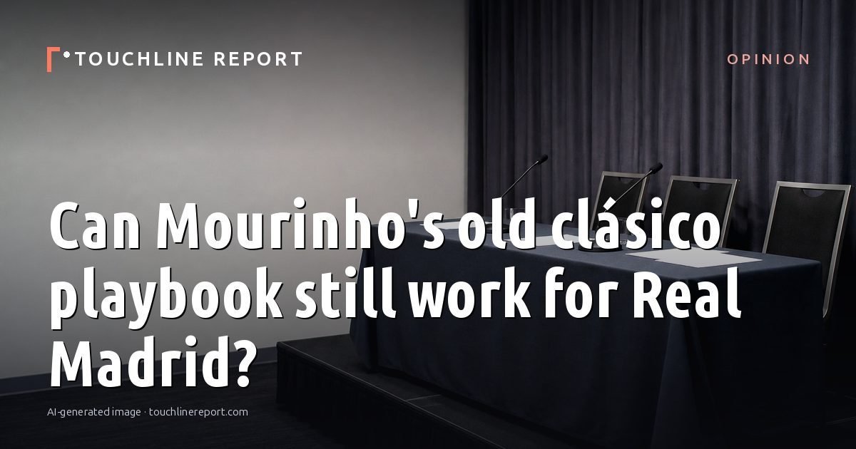 Illustration for the Opinion article “Can Mourinho's old clásico playbook still work for Real Madrid?”: an AI-generated editorial illustration showing an empty training ground at dawn with cones and markers laid out, with the headline set over it. Illustrative only, not a photograph of a real event.