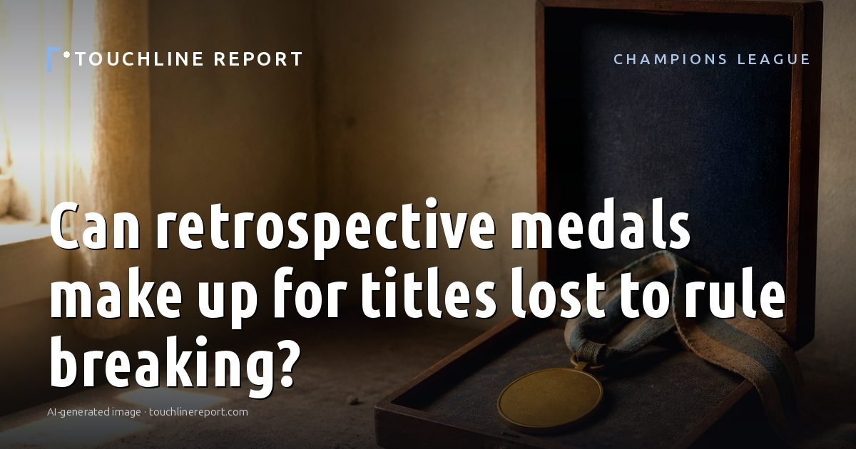 Illustration for the Champions League article “Can retrospective medals make up for titles lost to rule breaking?”: an AI-generated editorial illustration showing an empty training ground at dawn with cones and markers laid out, with the headline set over it. Illustrative only, not a photograph of a real event.