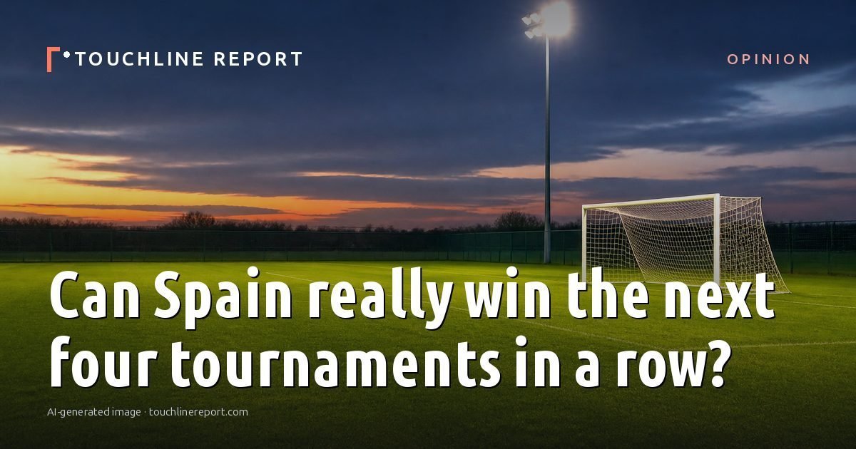 Illustration for the Opinion article “Can Spain really win the next four tournaments in a row?”: an AI-generated editorial illustration showing an empty training ground at dawn with cones and markers laid out, with the headline set over it. Illustrative only, not a photograph of a real event.