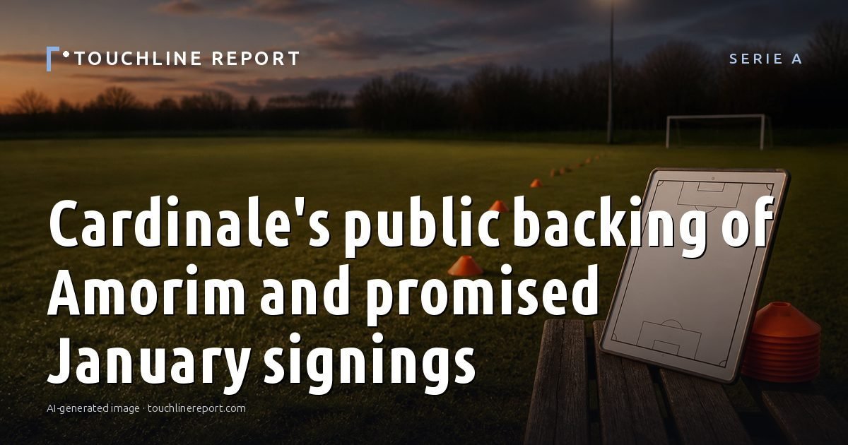Illustration for the Serie A article “Cardinale's public backing of Amorim and promised January signings”: an AI-generated editorial illustration showing a scene illustrating the subject of the article, with the headline set over it. Illustrative only, not a photograph of a real event.