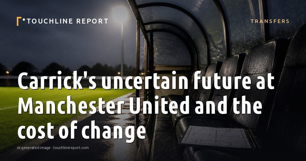 Illustration for the Transfers article “Carrick's uncertain future at Manchester United and the cost of change”: an AI-generated editorial illustration showing a scene illustrating the subject of the article, with the headline set over it. Illustrative only, not a photograph of a real event.