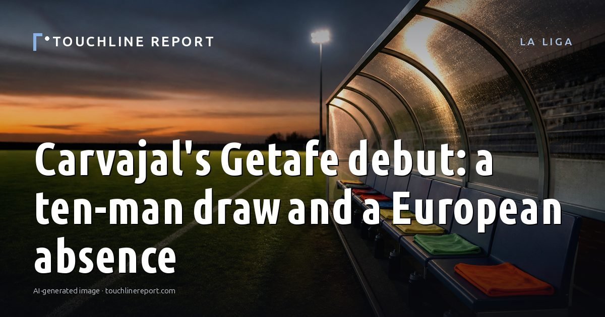 Illustration for the La Liga article “Carvajal's Getafe debut: a ten-man draw and a European absence”: an AI-generated editorial illustration showing an empty training ground at dawn with cones and markers laid out, with the headline set over it. Illustrative only, not a photograph of a real event.