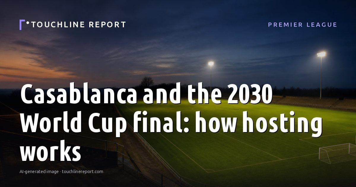 Illustration for the Premier League article “Casablanca and the 2030 World Cup final: how hosting works”: an AI-generated editorial illustration showing a scene illustrating the subject of the article, with the headline set over it. Illustrative only, not a photograph of a real event.