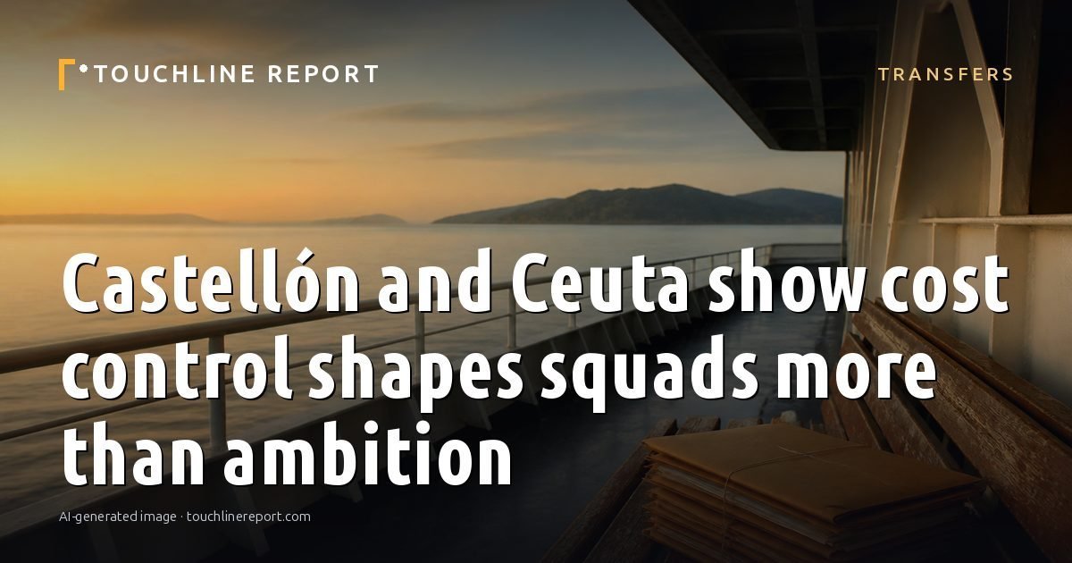 Illustration for the Transfers article “Castellón and Ceuta show cost control shapes squads more than ambition”: an AI-generated editorial illustration showing an empty training ground at dawn with cones and markers laid out, with the headline set over it. Illustrative only, not a photograph of a real event.
