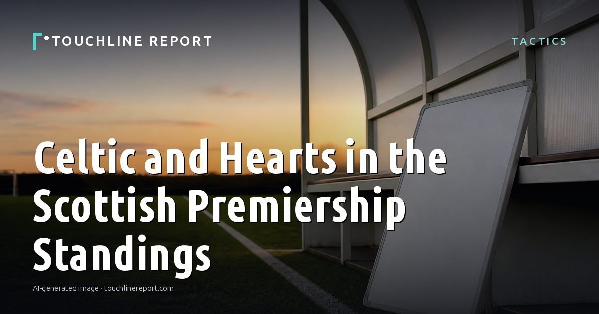Illustration for the Tactics article “Celtic and Hearts in the Scottish Premiership Standings”: an AI-generated editorial illustration showing a scene illustrating the subject of the article, with the headline set over it. Illustrative only, not a photograph of a real event.