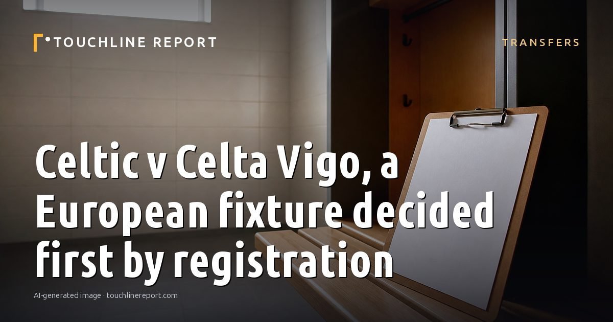 Illustration for the Transfers article “Celtic v Celta Vigo, a European fixture decided first by registration”: an AI-generated editorial illustration showing an empty training ground at dawn with cones and markers laid out, with the headline set over it. Illustrative only, not a photograph of a real event.