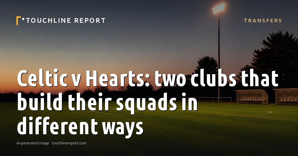 Illustration for the Transfers article “Celtic v Hearts: two clubs that build their squads in different ways”: an AI-generated editorial illustration showing a scene illustrating the subject of the article, with the headline set over it. Illustrative only, not a photograph of a real event.