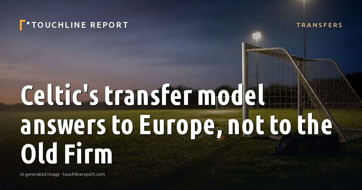 Illustration for the Transfers article “Celtic's transfer model answers to Europe, not to the Old Firm”: an AI-generated editorial illustration showing an empty training ground at dawn with cones and markers laid out, with the headline set over it. Illustrative only, not a photograph of a real event.