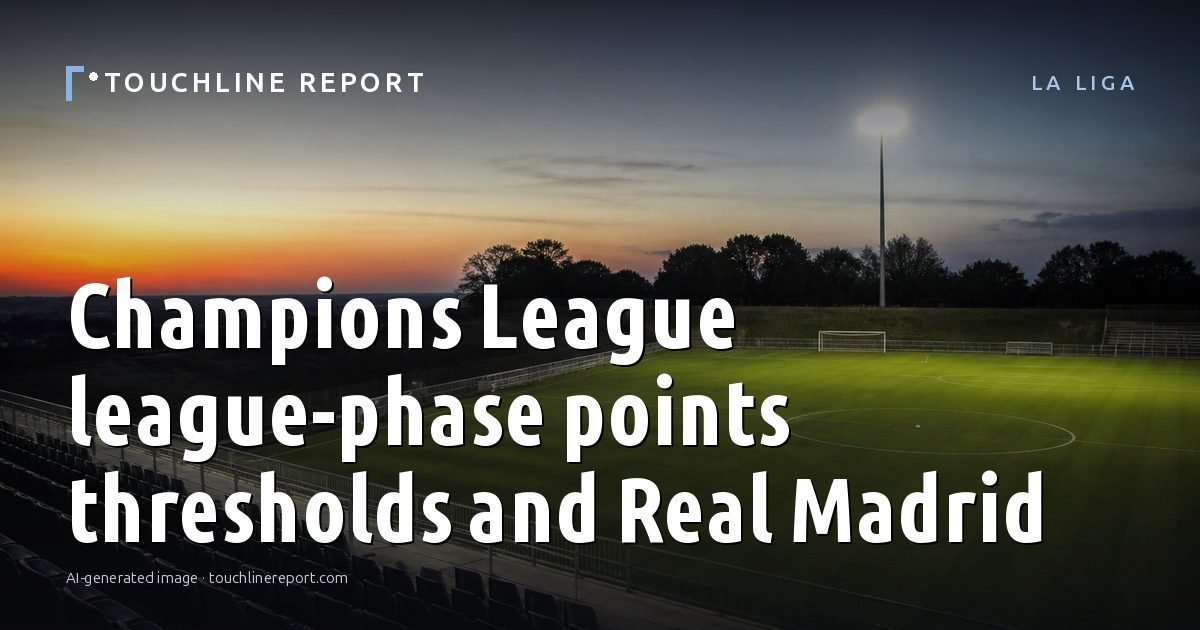 Illustration for the La Liga article “Champions League league-phase points thresholds and Real Madrid”: an AI-generated editorial illustration showing a scene illustrating the subject of the article, with the headline set over it. Illustrative only, not a photograph of a real event.