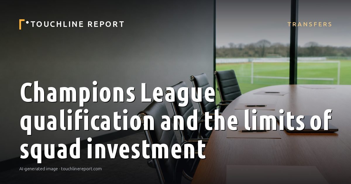 Illustration for the Transfers article “Champions League qualification and the limits of squad investment”: an AI-generated editorial illustration showing a scene illustrating the subject of the article, with the headline set over it. Illustrative only, not a photograph of a real event.