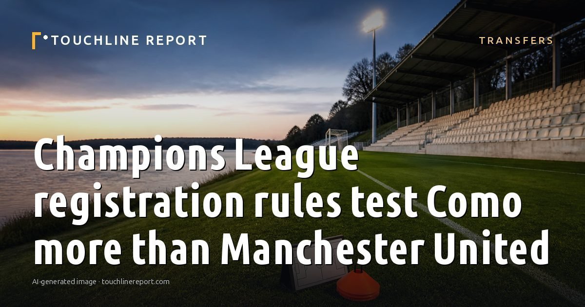 Illustration for the Transfers article “Champions League registration rules test Como more than Manchester United”: an AI-generated editorial illustration showing a scene illustrating the subject of the article, with the headline set over it. Illustrative only, not a photograph of a real event.