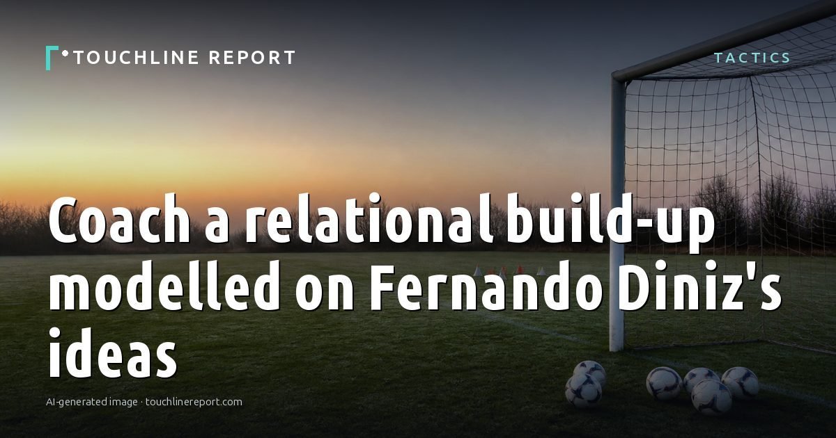 Illustration for the Tactics article “Coach a relational build-up modelled on Fernando Diniz's ideas”: an AI-generated editorial illustration showing an empty training ground at dawn with cones and markers laid out, with the headline set over it. Illustrative only, not a photograph of a real event.