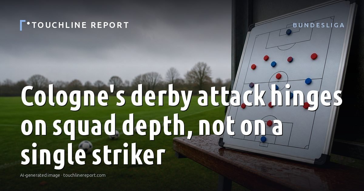 Illustration for the Bundesliga article “Cologne's derby attack hinges on squad depth, not on a single striker”: an AI-generated editorial illustration showing a scene illustrating the subject of the article, with the headline set over it. Illustrative only, not a photograph of a real event.
