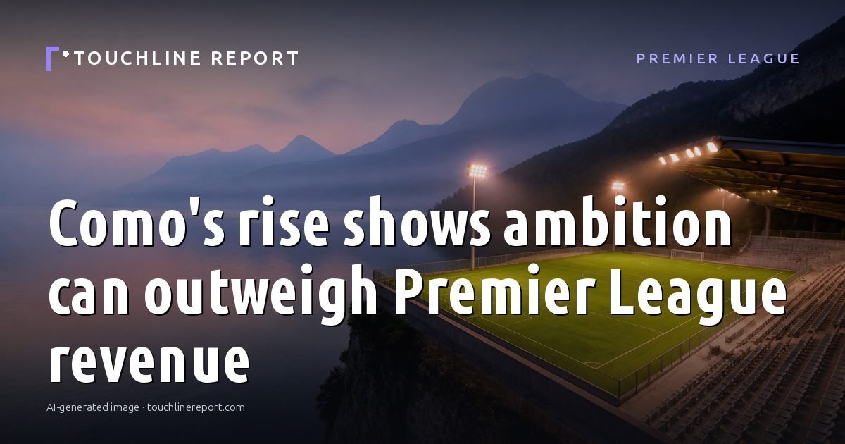 Illustration for the Premier League article “Como's rise shows ambition can outweigh Premier League revenue”: an AI-generated editorial illustration showing an empty training ground at dawn with cones and markers laid out, with the headline set over it. Illustrative only, not a photograph of a real event.
