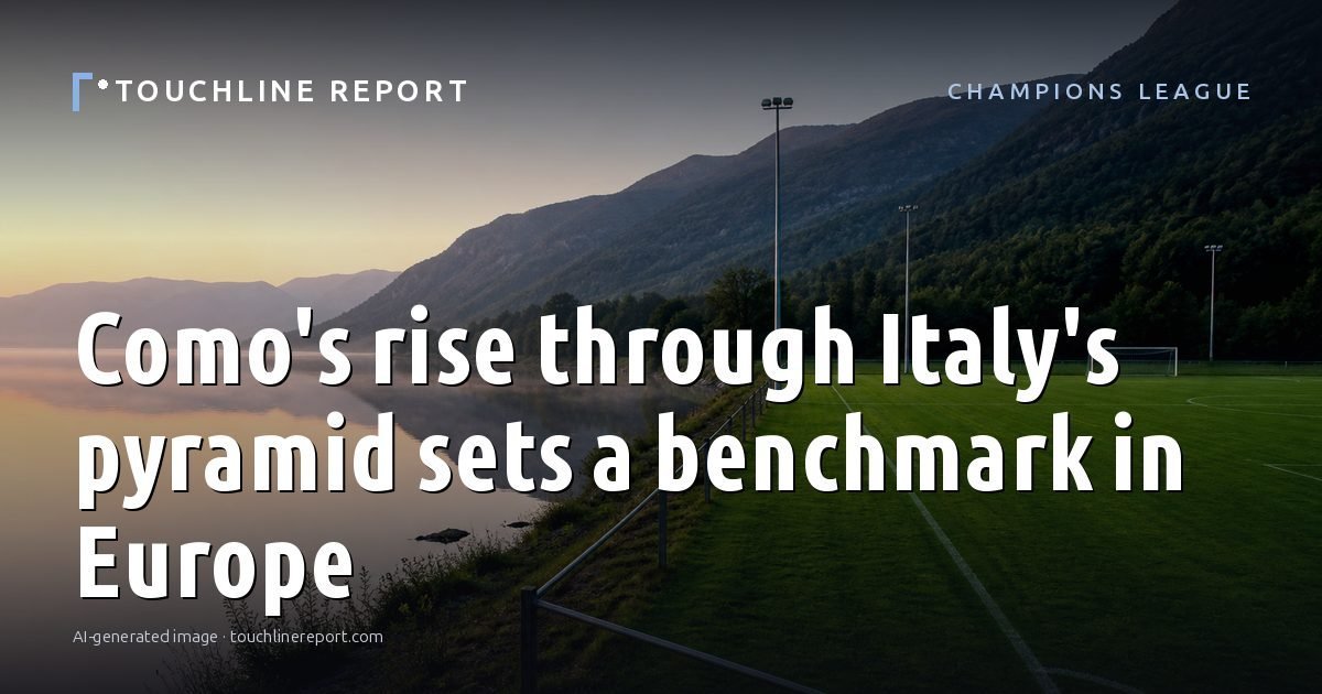 Illustration for the Champions League article “Como's rise through Italy's pyramid sets a benchmark in Europe”: an AI-generated editorial illustration showing an empty training ground at dawn with cones and markers laid out, with the headline set over it. Illustrative only, not a photograph of a real event.
