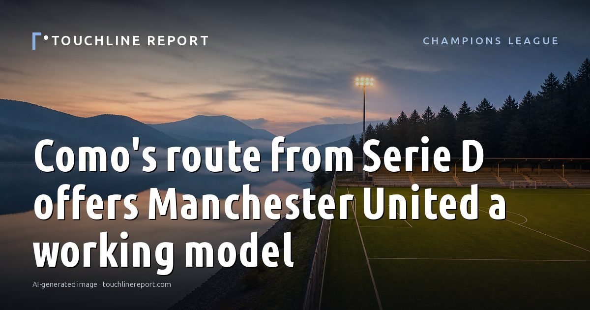 Illustration for the Champions League article “Como's route from Serie D offers Manchester United a working model”: an AI-generated editorial illustration showing a scene illustrating the subject of the article, with the headline set over it. Illustrative only, not a photograph of a real event.