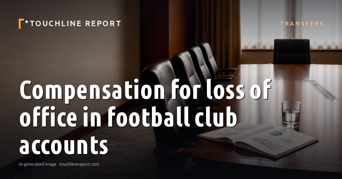 Illustration for the Transfers article “Compensation for loss of office in football club accounts”: an AI-generated editorial illustration showing an empty training ground at dawn with cones and markers laid out, with the headline set over it. Illustrative only, not a photograph of a real event.