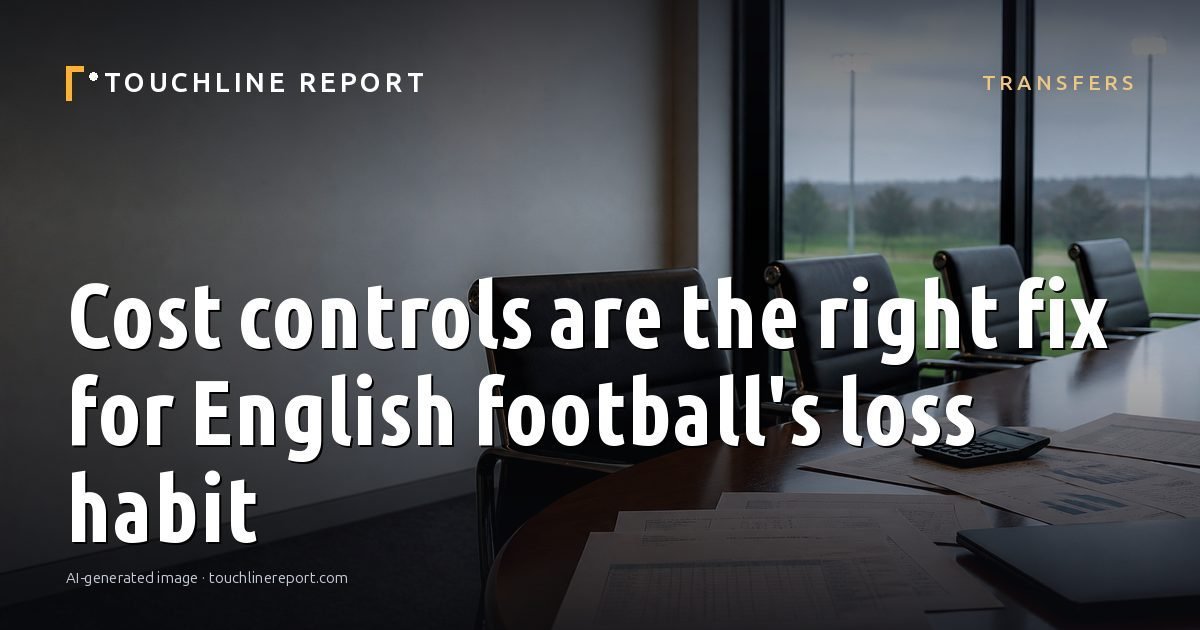 Illustration for the Transfers article “Cost controls are the right fix for English football's loss habit”: an AI-generated editorial illustration showing an empty training ground at dawn with cones and markers laid out, with the headline set over it. Illustrative only, not a photograph of a real event.