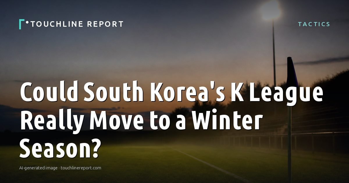 Illustration for the Tactics article “Could South Korea's K League Really Move to a Winter Season?”: an AI-generated editorial illustration showing a server hall with long rows of equipment cabinets and power infrastructure, with the headline set over it. Illustrative only, not a photograph of a real event.