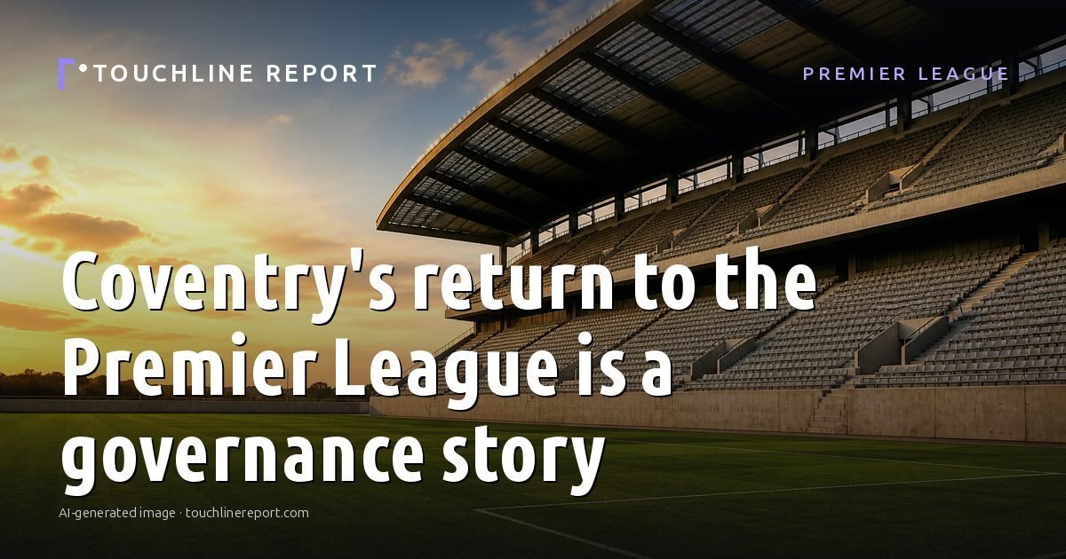 Illustration for the Premier League article “Coventry's return to the Premier League is a governance story”: an AI-generated editorial illustration showing a scene illustrating the subject of the article, with the headline set over it. Illustrative only, not a photograph of a real event.