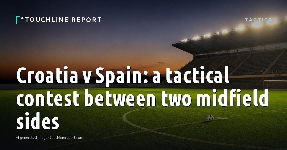 Illustration for the Tactics article “Croatia v Spain: a tactical contest between two midfield sides”: an AI-generated editorial illustration showing an empty training ground at dawn with cones and markers laid out, with the headline set over it. Illustrative only, not a photograph of a real event.