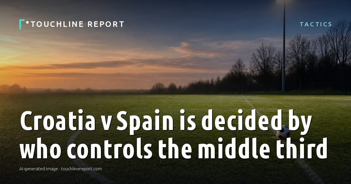 Illustration for the Tactics article “Croatia v Spain is decided by who controls the middle third”: an AI-generated editorial illustration showing an empty training ground at dawn with cones and markers laid out, with the headline set over it. Illustrative only, not a photograph of a real event.