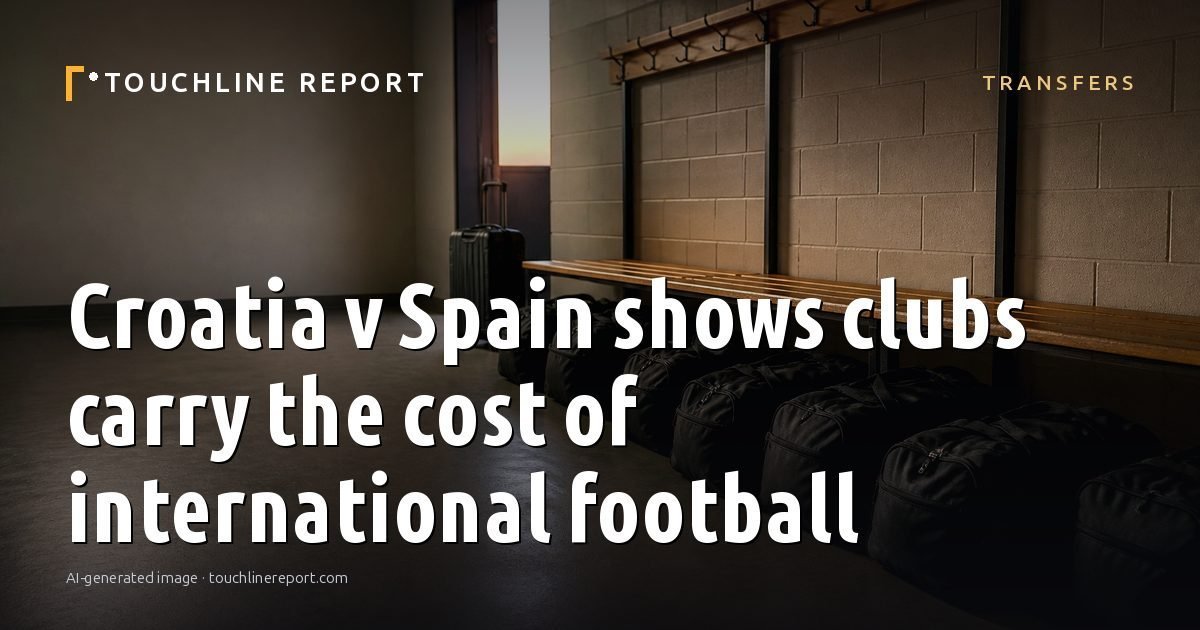 Illustration for the Transfers article “Croatia v Spain shows clubs carry the cost of international football”: an AI-generated editorial illustration showing an empty training ground at dawn with cones and markers laid out, with the headline set over it. Illustrative only, not a photograph of a real event.