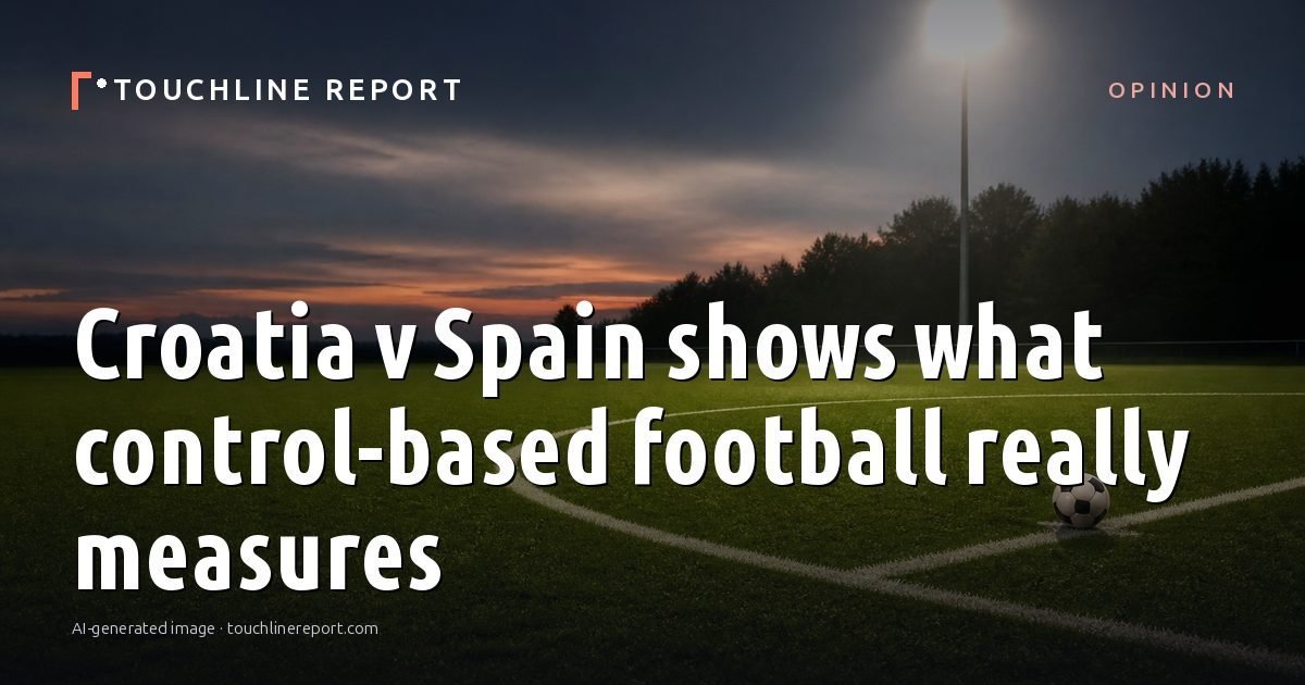 Illustration for the Opinion article “Croatia v Spain shows what control-based football really measures”: an AI-generated editorial illustration showing an empty training ground at dawn with cones and markers laid out, with the headline set over it. Illustrative only, not a photograph of a real event.